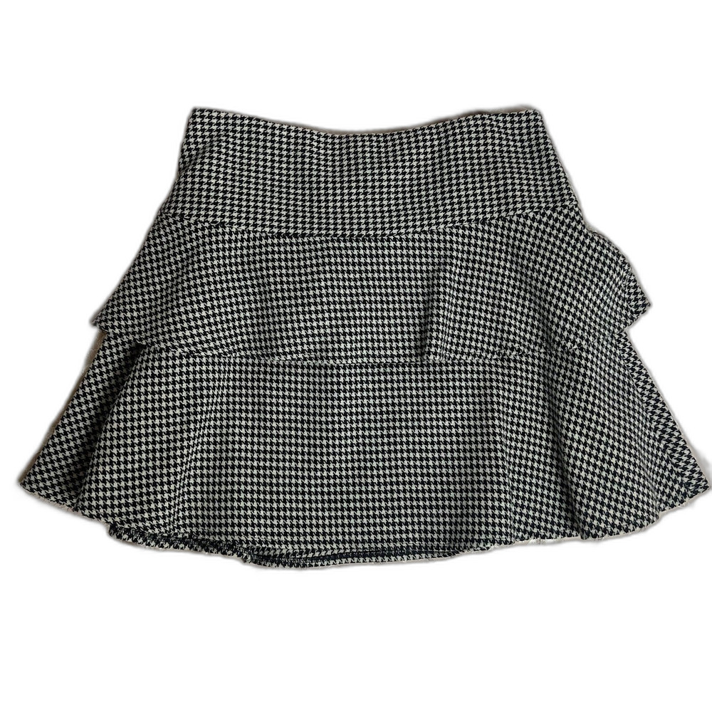 David N 100% Wool Houndstooth Black White Skater Skirt Tiered Women's Size 8